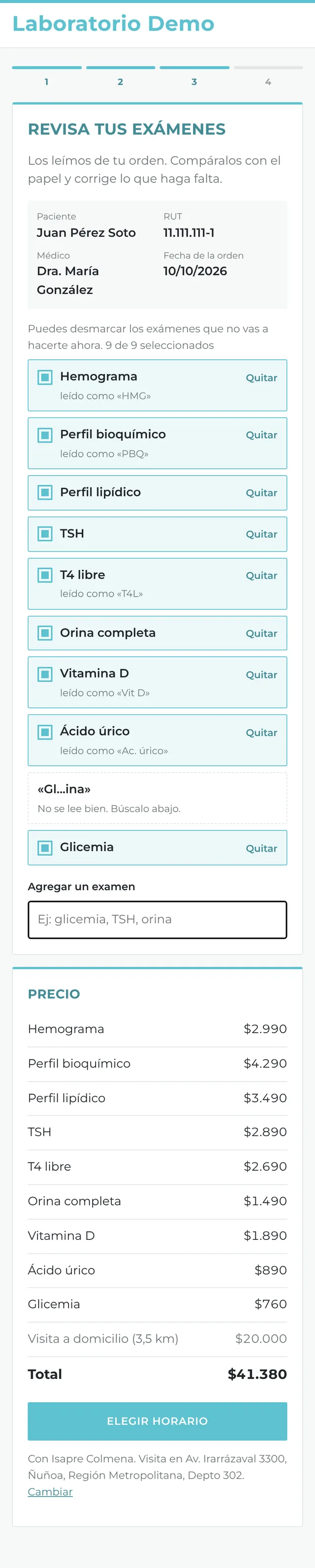Exámenes detectados en la orden con su precio