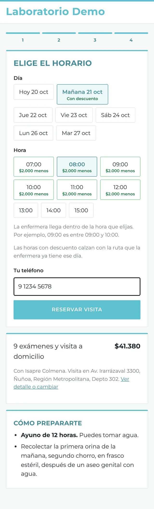 Pantalla del paciente para elegir la hora, con horas con descuento