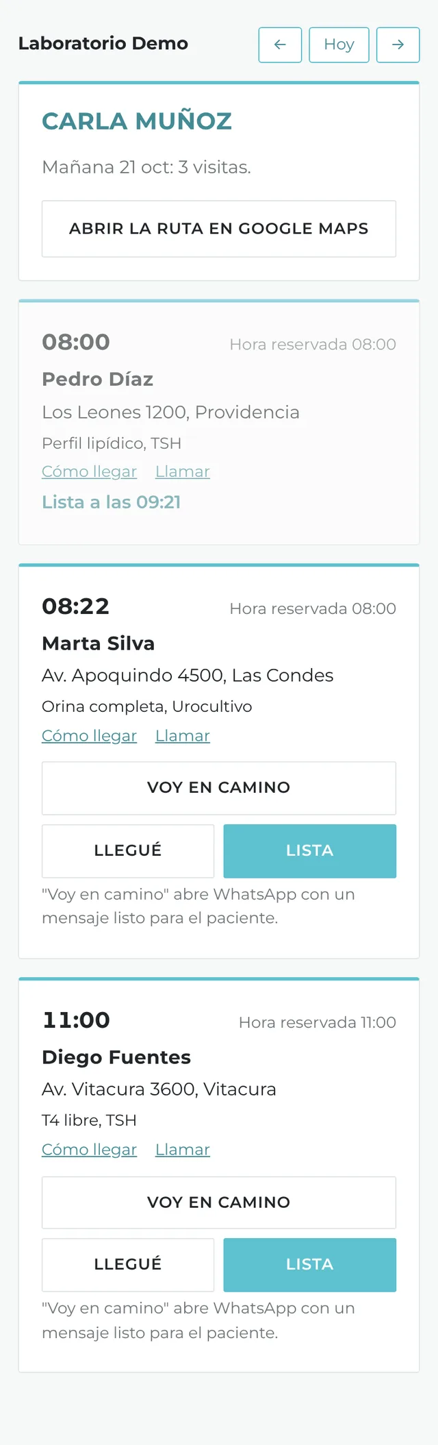 Ruta del día en el celular del profesional en terreno, con botones Voy en camino, Llegué y Lista