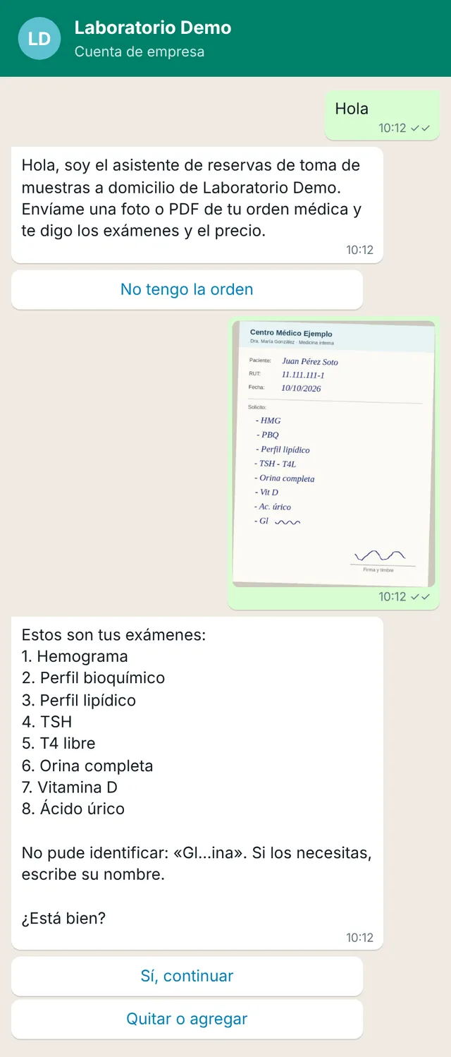 Conversación de WhatsApp: el asistente lee la orden y lista los exámenes