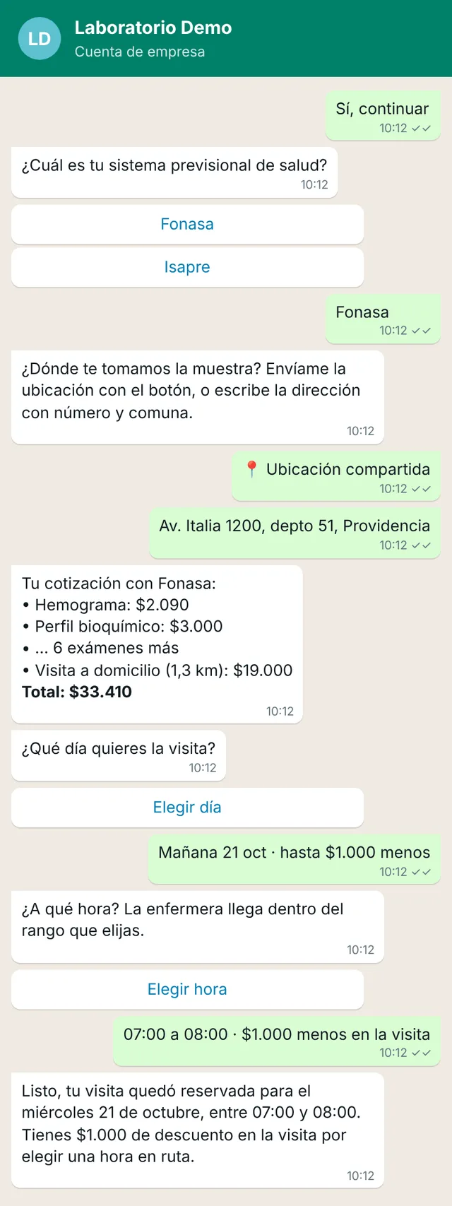 Conversación de WhatsApp: cotización, elección de día y hora, y reserva confirmada